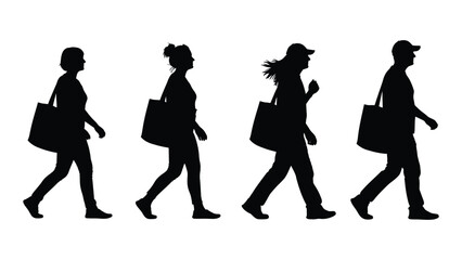 People walking with bags silhouettes isolated on white background, Vector