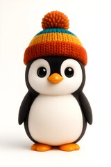 Fototapeta premium Adorable 3D Rendered Baby Penguin Character Wearing a Warm, Striped Knitted Winter Hat with Pom-Pom on White Background