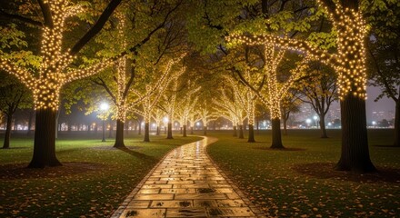 Obraz premium A pathway through a park is illuminated by trees wrapped in lights