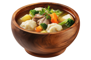 Hot meat pork soup with vegetables and doughboys dumplings in wooden bowl, isolated on white transparent background, concept of New Zealand cuisine