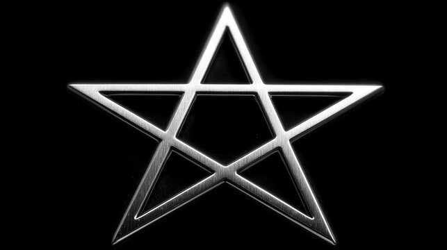 A metallic silver pentagram star symbol with a textured finish set against a solid black background.