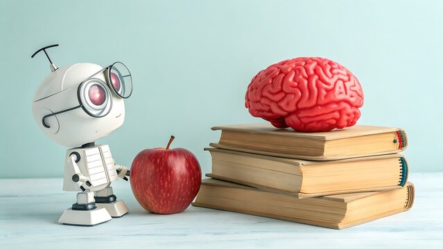 A small retro robot wearing glasses stands next to a red apple and a stack of old books topped with a model of a human brain, symbolizing learning and artificial intelligence