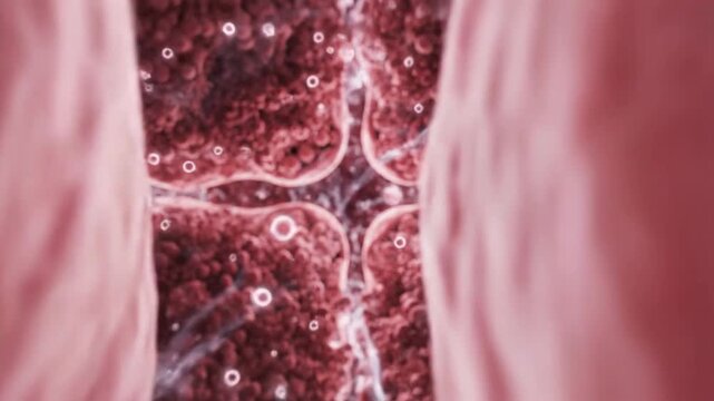 Medical imaging of lung tissue. Diagnostic medical imaging. Human lung structure. Red and pink lung tissue. White blood vessels and bronchi. Detailed lung anatomy. Medical illustration. Lung health.