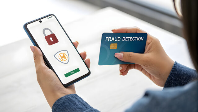 A woman is holding a credit card and a smartphone with a fraud detection app, showcasing secure online banking and financial security measures