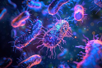 Photorealistic microscopic view of red blood cells with a single white cell