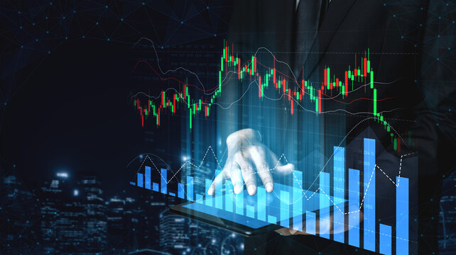 Professional businessman utilizes digital tablet to examine financial data, featuring colorful graphs and charts that signify market trends in a dynamic environment. Scalp - Powered by Adobe