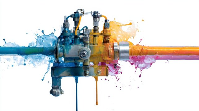 Paint spraying robot internal pump with fluid pressure showing blue and orange paint splashes mixing dynamically in motion