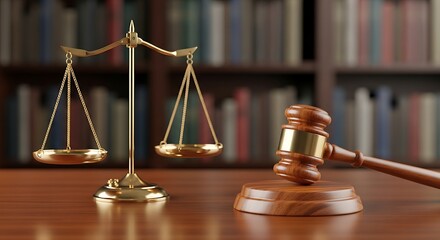 Golden scale of justice and a wooden gavel on a polished desk, symbolizing legal authority, fairness, and judicial process within a court or law office setting.