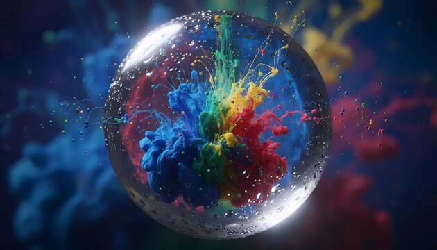 Abstract Ink Explosion in Bubble, Colorful Ink Flowing Inside Sphere, Vibrant Ink Droplets in a Bubble