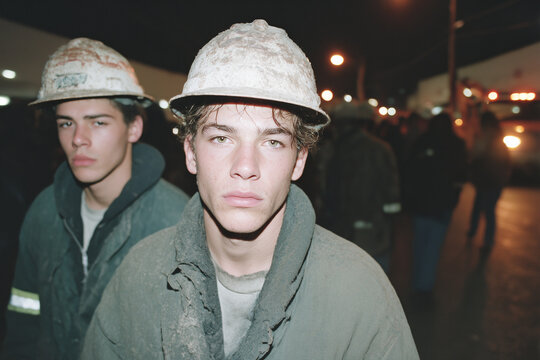 Authentic portrait of young industrial workers wearing dusty safety helmets. Realistic documentary-style image depicting labor, teamwork, hard work, construction industry and blue-collar workforce - Powered by Adobe