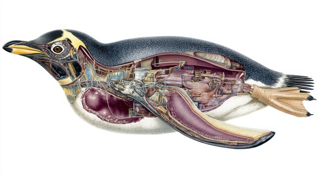 Penguin internal anatomy illustration showing detailed organs, muscles, and skeletal structure adapted for swimming in horizontal position with clear biological features