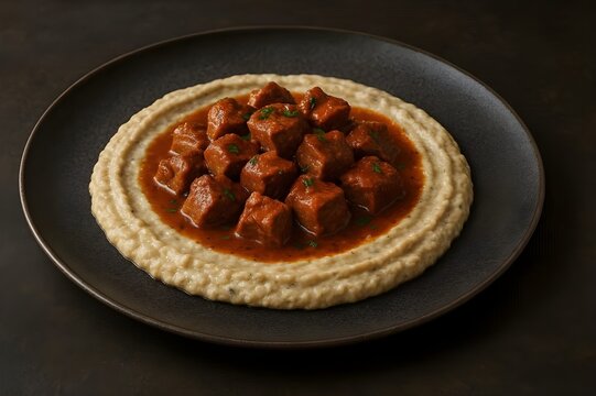 Classic Turkish Sultan's Delight (H&uuml;nkar Beğendi): Tender Beef Stew Cubes in Rich Red Sauce Served Atop Creamy, Smoked Eggplant Puree on a Dark Plate