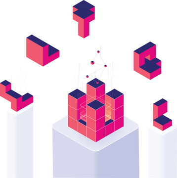 Isometric blockchain stack illustration. Tech blocks, API connections, artificial intelligence, tetris elements, digital network, modern data crypto system, computational  web3 platform integration.