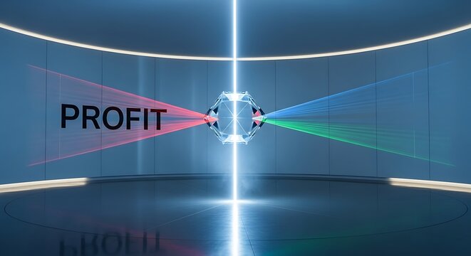 Dynamic visual representation of financial growth analysis with interconnected digital beams in a futuristic business environment, illustrating strategic insights and potential for wealth generation