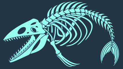 Cartoonish Ichthyosaur Skeleton with Open Jaws and Flippers Pale Blue