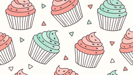 Playful Cupcake Pattern with Pastel Colors and Scattered Triangles