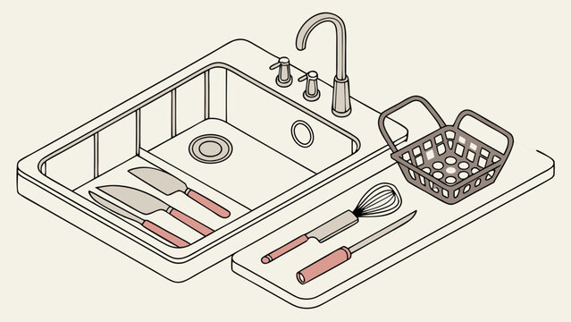 Isometric kitchen sink with knives whisk paring knife and basket