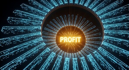 Glowing profit concept in a digital structure, symbolizing business growth and financial success within an abstract technological framework