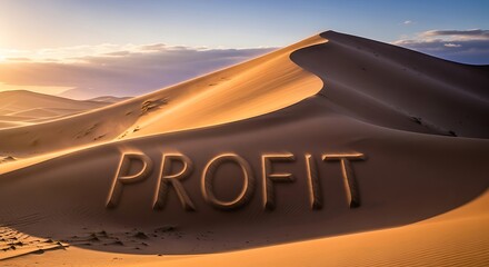 Golden desert dunes with 'PROFIT' etched into the sand, symbolizing the challenging yet rewarding journey to financial success, strategic business growth, and wealth creation