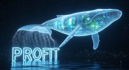 Futuristic glowing whale, a digital representation of vast data and technological power, generates success above the shimmering word 'PROFIT', symbolizing significant financial growth and innovation