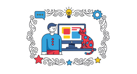 Creative designer working on a new project with a cat and a lightbulb symbolizing inspiration and ideas