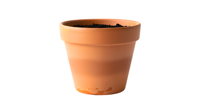 Terracotta flower pot with soil isolated on transparent background for gardening