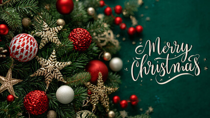 A beautifully decorated Christmas tree set against a rich green background, adorned with red and white baubles, sparkling golden stars, and elegant festive ornaments, with the text Merry Christmas 