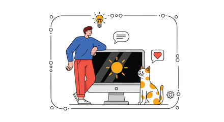Man and cat with computer lightbulb and heart icon representing creativity inspiration and positive feedback in digital work