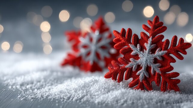 Two red snowflakes are on a snowy surface