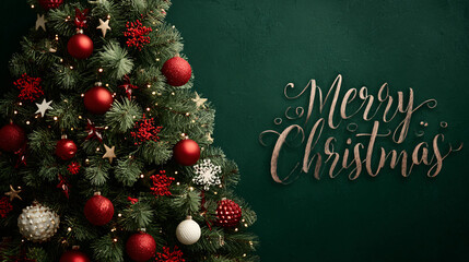 A festive Christmas tree on a deep green backdrop, featuring red ornaments, white decorative balls, shimmering gold stars, and soft glowing lights, with the text Merry Christmas placed prominently