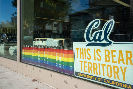 Berkeley, CA, USA - Nov 19, 2023: Cal sign is seen in the storefront window at the Cal Student Store located in the Martin Luther King Jr. Building on the UC Berkeley campus in Berkeley, California.