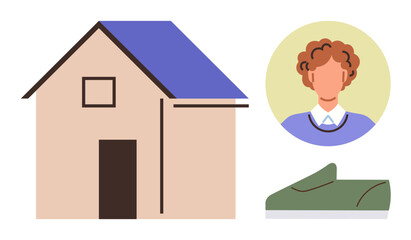 House with a blue roof, profile of a person with curly hair, and green shoe. Ideal for home lifestyle, personal identity, fashion, real estate, daily routine minimalism connection. Simple flat