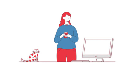 A woman in casual clothing holding a red mug stands near a computer with a playful cat sitting to her left