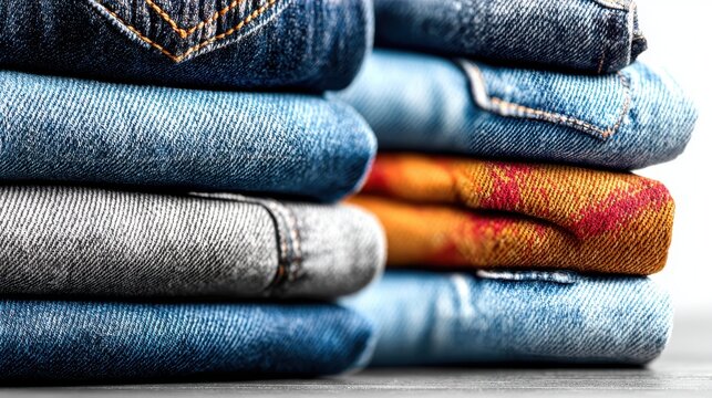 Close up of neatly folded stacked denim jeans in varying shades of blue and grey, with a glimpse of colorful patterned fabric in between.