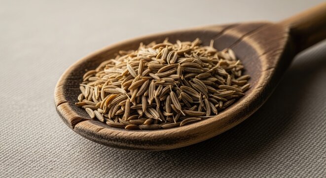 Dried whole cumin seeds on rustic wooden spoon for culinary use