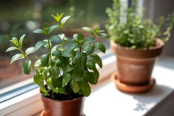Fresh mint plant growing in terracotta pot on windowsill with soft natural light