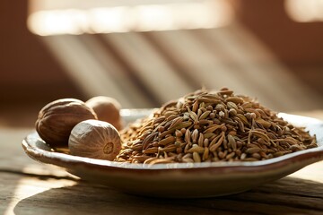 Nutmeg and cumin seeds on a plate, illuminated by soft natural light