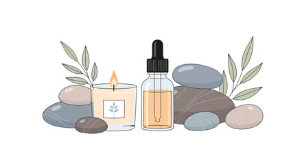 Aromatherapy and wellness concept featuring a burning candle essential oil dropper bottle and smooth stones with delicate leaves