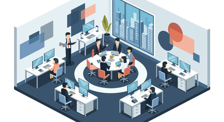 Modern office interior with diverse employees collaborating in a meeting and working at desks with computers and technology