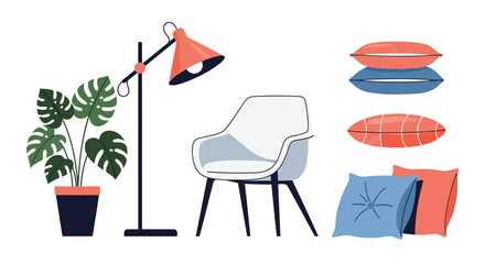 Modern interior design elements featuring a monstera plant floor lamp chair and decorative pillows