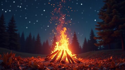 Bright campfire burning in a dark forest under a starry night sky