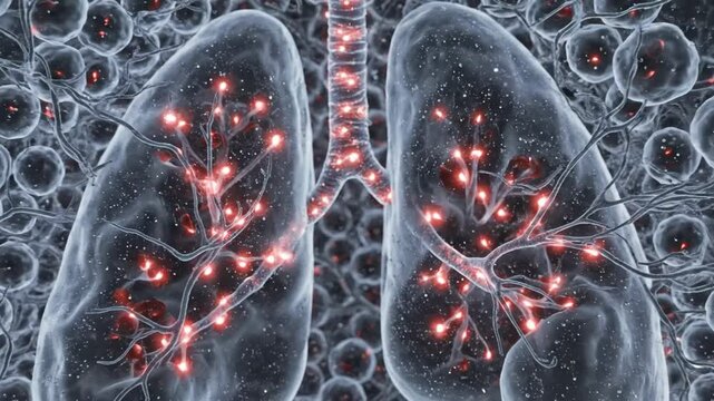 Human lungs with bronchial tree. Red illuminated airways. Transparent lung anatomy. Medical imaging illustration. Diagnostic medical imaging. Respiratory system. Healthy lungs. Internal organs.