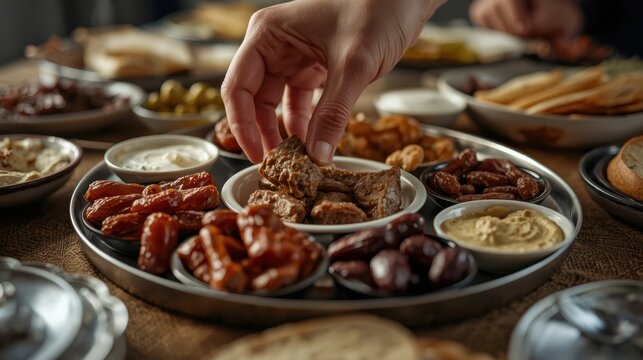 Hand reaching for delicious mezze platter with various dips and appetizers - Powered by Adobe