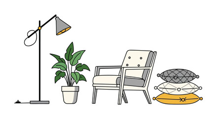 Modern minimalist illustration of a comfortable armchair a floor lamp a potted plant and decorative pillows on a white background
