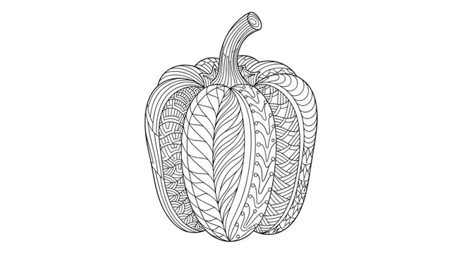 Intricate line art drawing of a decorative pumpkin adorned with various abstract patterns, perfect for mindful coloring and autumn-themed designs.