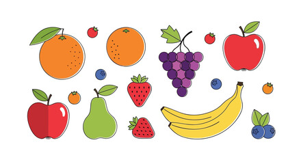 A colorful collection of flat design fruits including apples oranges grapes bananas pears strawberries and blueberries on a white background