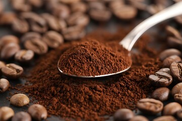 Spoonful of ground coffee with roasted beans background