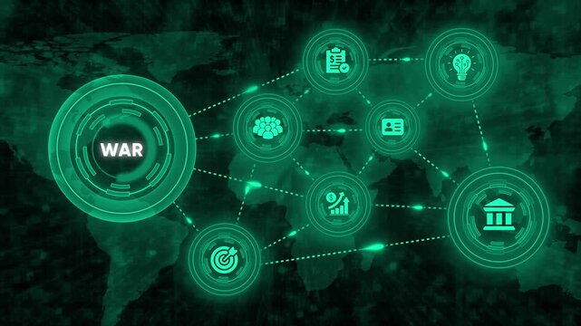 Global war concept on digital dark world map background cinematic footage