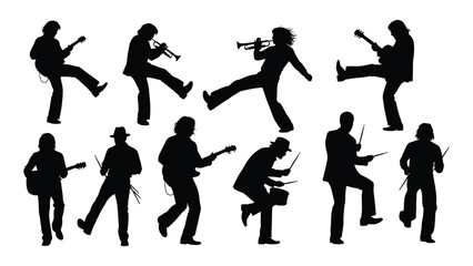 Musicians silhouettes playing instruments isolated on white background, Vector