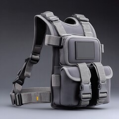 Naklejka premium Detailed tactical vest with zebra pattern accents and multiple pouches against a neutral gray backdrop.